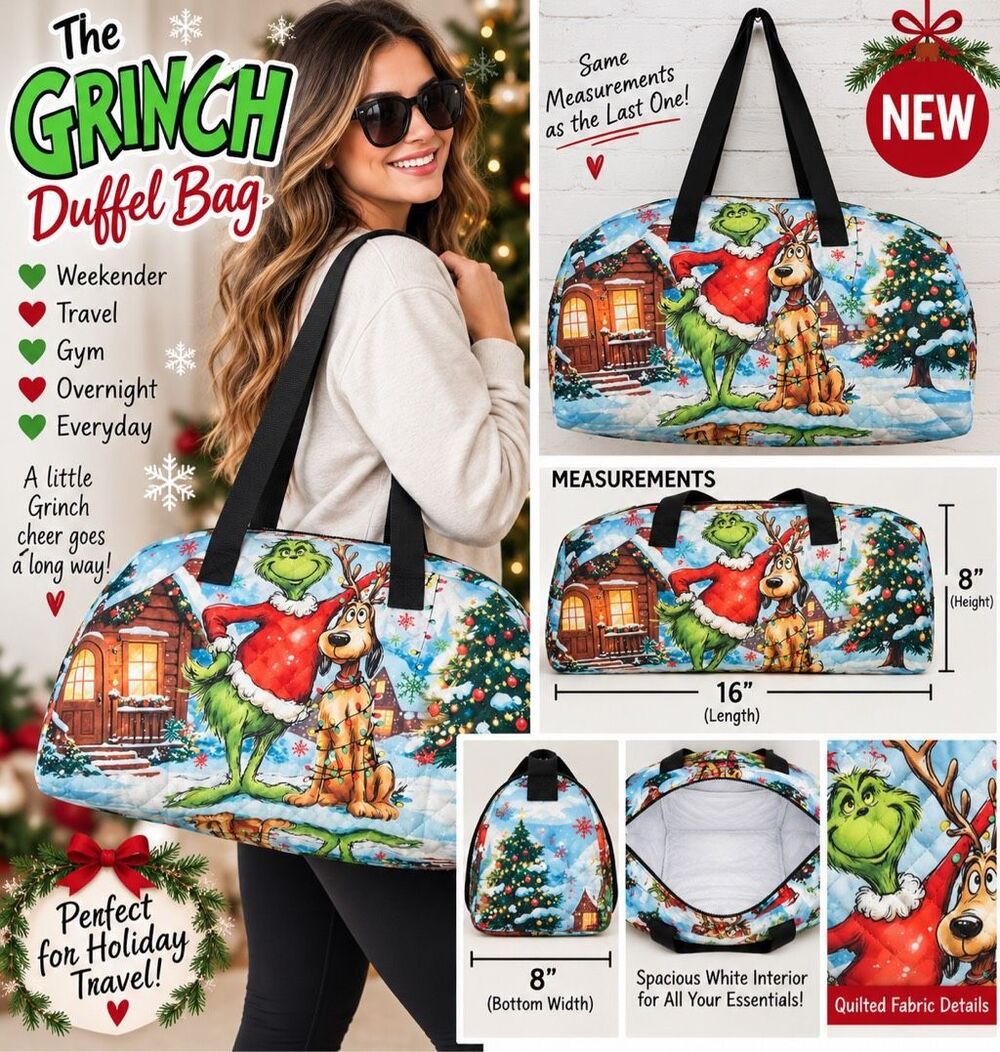 The Grinch Max Christmas Quilted Duffel Weekender Travel Bag New